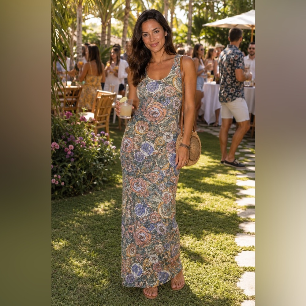 Floral Scoop-Neck Maxi Dress with Peach Roses